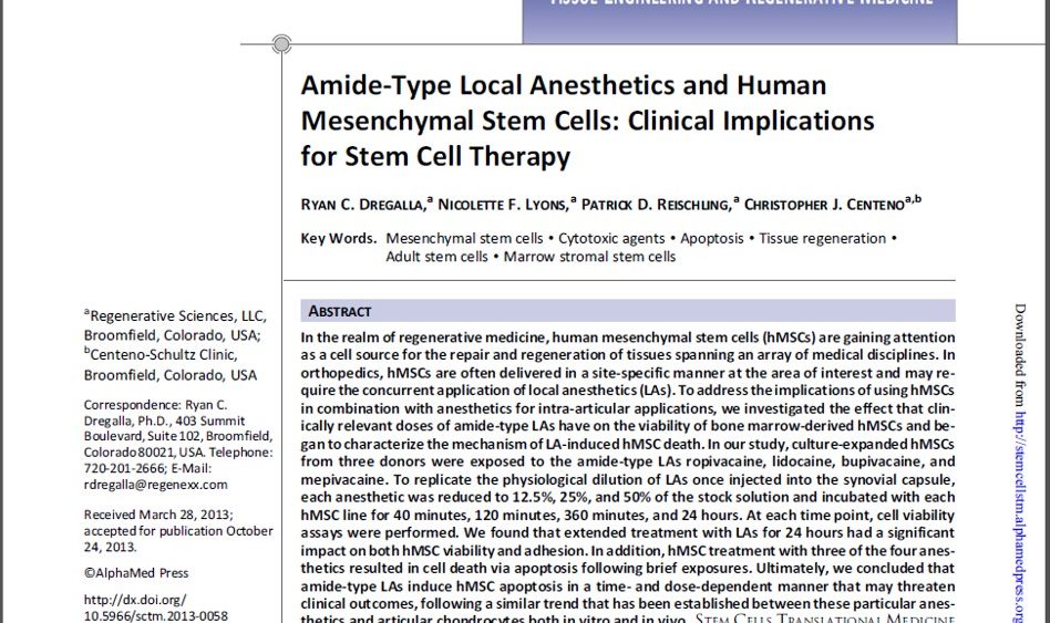 New Regenexx Local Anesthetics Paper Published