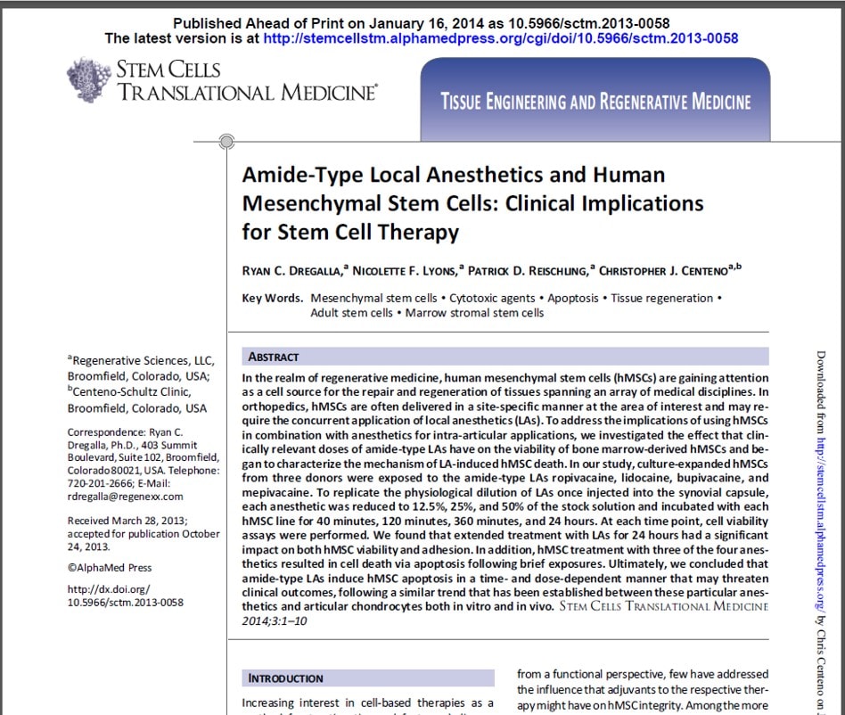 New Regenexx Local Anesthetics Paper Published - Regenexx®