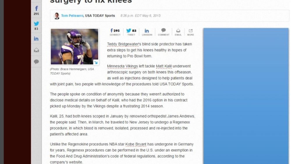 USA Today Reports that O-Lineman Vikings Matt Kalil Gets Regenexx Procedure!