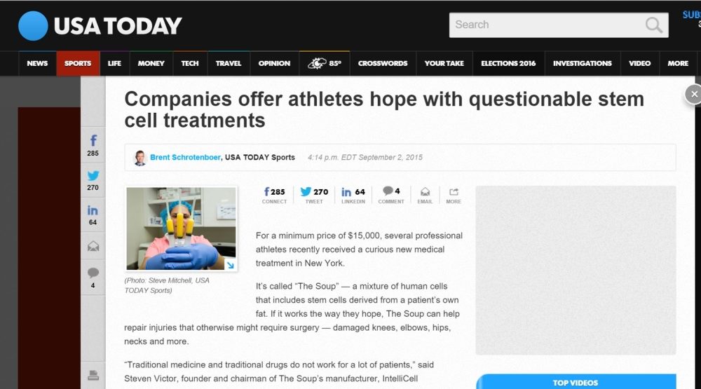NFL Stem Cell Treatments, USA Today, and the US Army