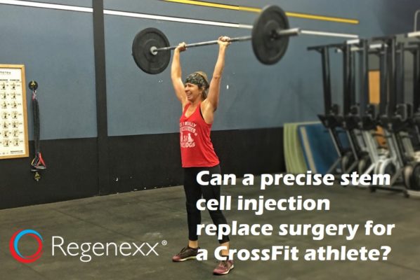 Woman in a gym smiling and holding a barbell with weights over her head with the text: Can a precise stem cell injection replace surgery for a Crossfit athlete?