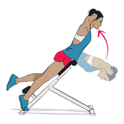 Illustration of a women exercising on a piece of fitness equipment call the Roman chair