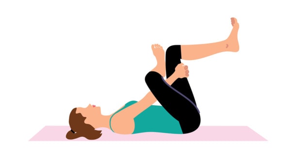 Illustration of a woman lying on her back on a yoga mat to perform a glute stretch