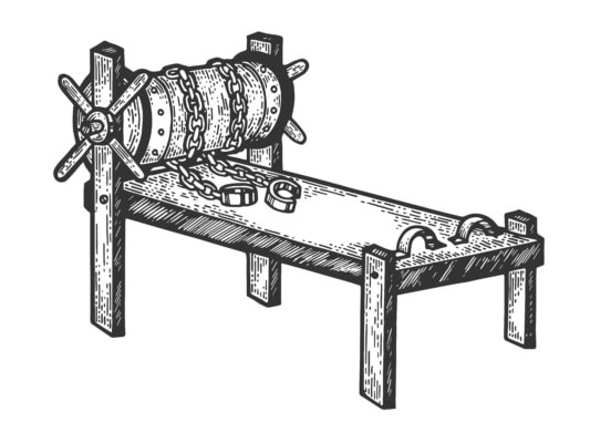 Rack medieval torture device sketch engraving raster illustration. Scratch board style imitation. Hand drawn image.