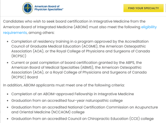 Screenshot of the American Board of Physician Specialties (ABPS) Integrative Medicine certification requirements