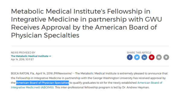 Screenshot of press release of the Metabolic Medical Institute's Fellowship in Integrative Medicine in partnership of GWU approved by the American Board of Physician Specialties in 2016