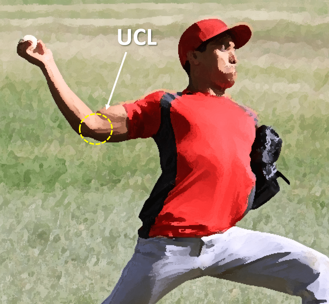 Baseball player in red hat and jersey with arm back to throw a hard pitch