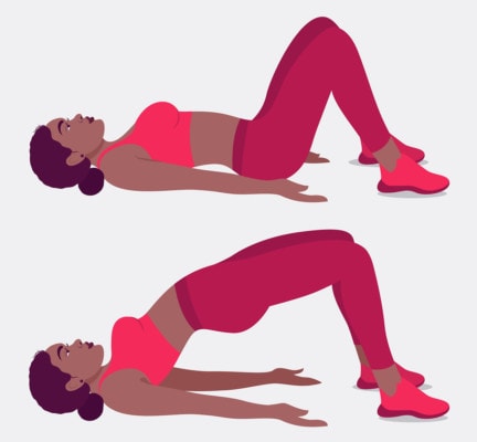Illustration of a woman performing a glute bridge by lying on her back with knees bent and thrusting hips upward