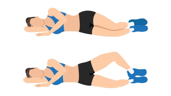 Illustration of a woman performing a clamshell exercise by lying on her side with legs slightly bent and opening her knees
