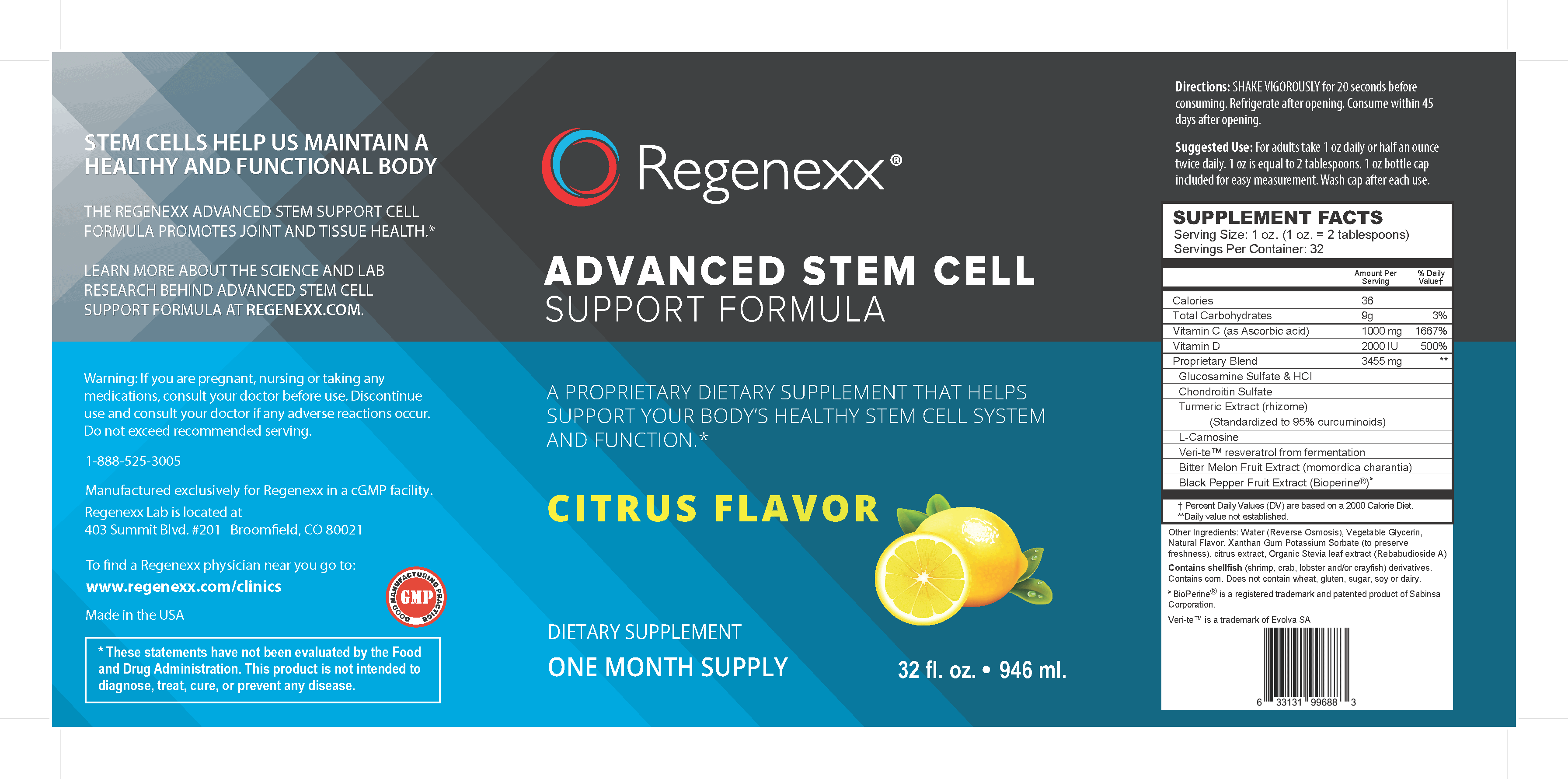 Regenexx Advanced Stem Cell Support Formula, Citrus flavor Labbel